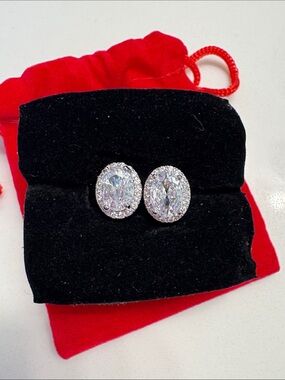 Sterling Silver Oval Cubic Zirconia Halo Stud Earrings - White